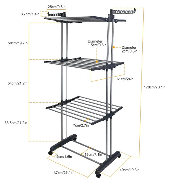 3-Tier Rolling Clothes Drying Rack with Wheels and Side Wings