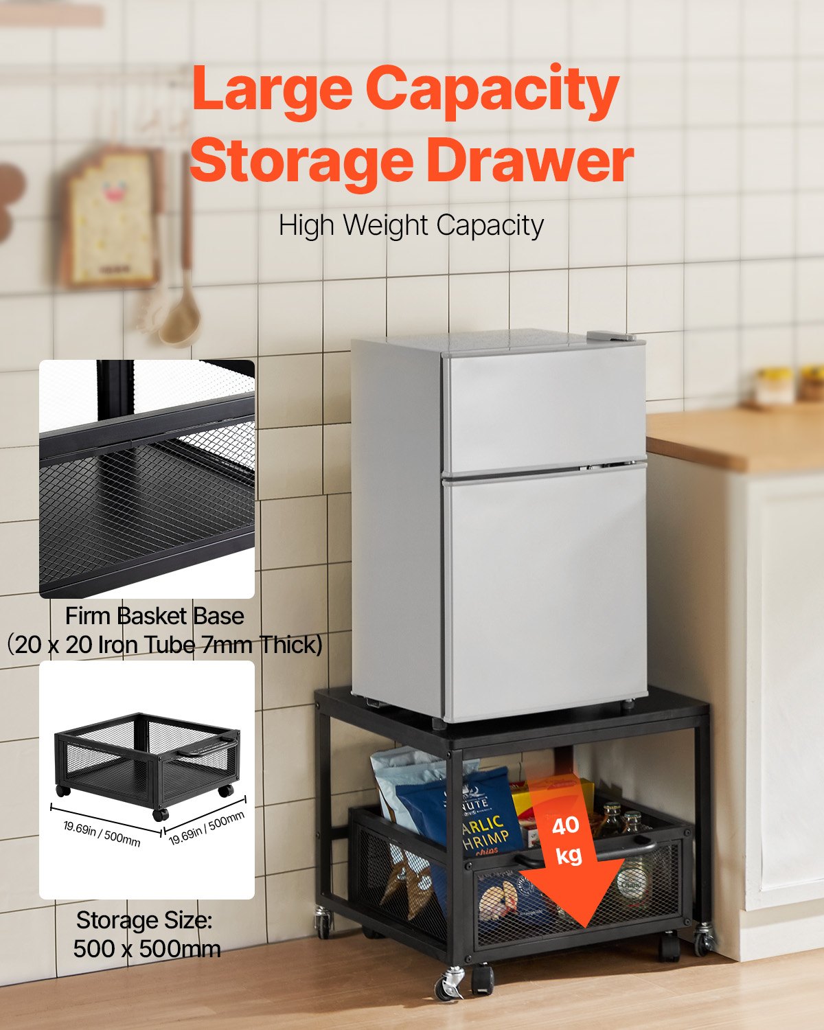 Mini Fridge Stand with Pull-Out Storage Cart & Locking Wheels | Black Organizer Shelf for Dorms, Offices & Small Spaces