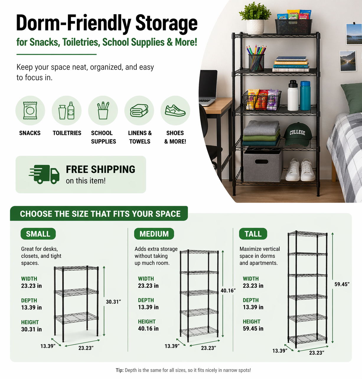 Adjustable Metal Wire Storage Rack for Dorm Rooms & Small Spaces | Heavy-Duty Steel Shelving Unit, Black