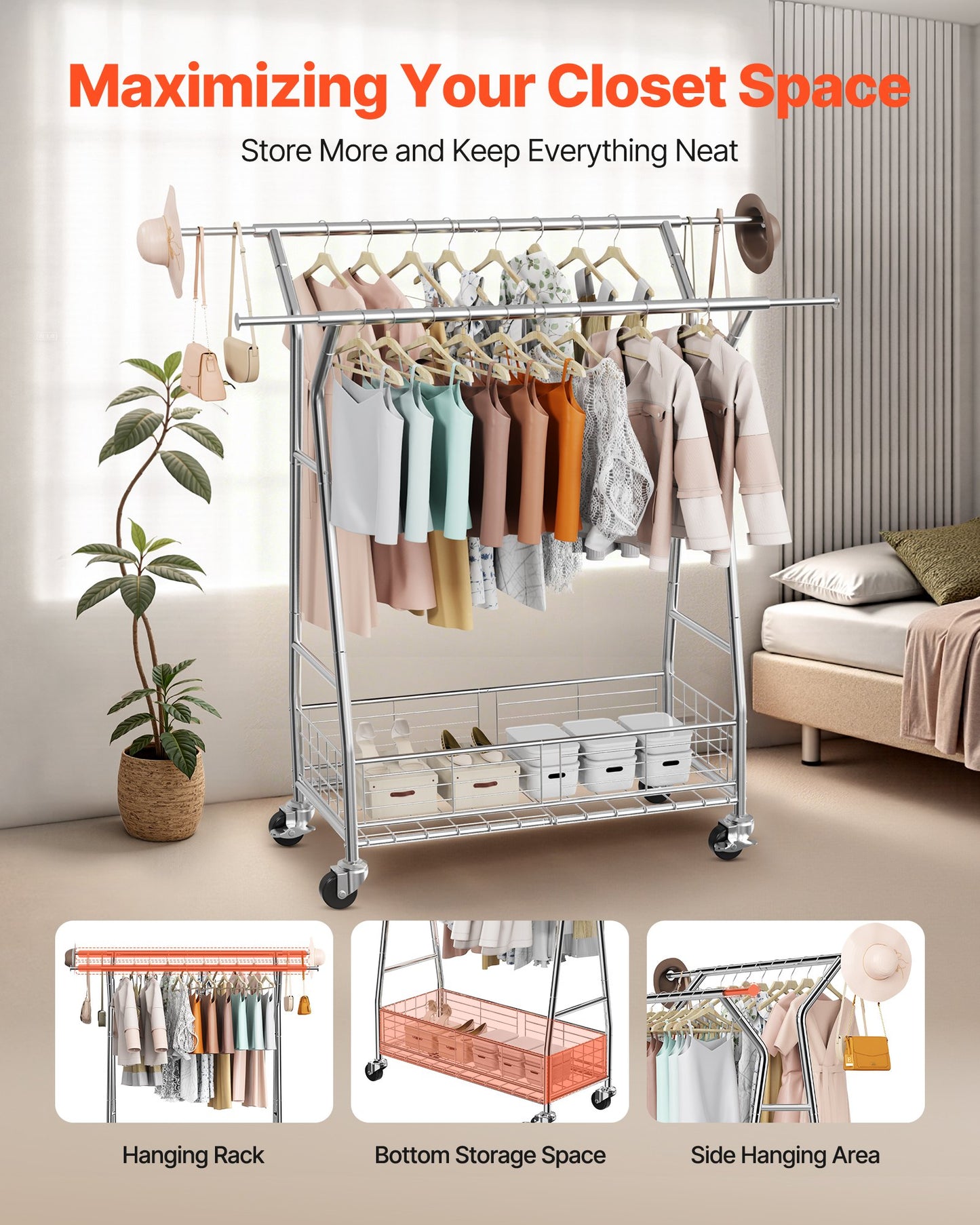 Heavy-Duty Rolling Clothes Rack with Double Hanging Rods & Storage Basket