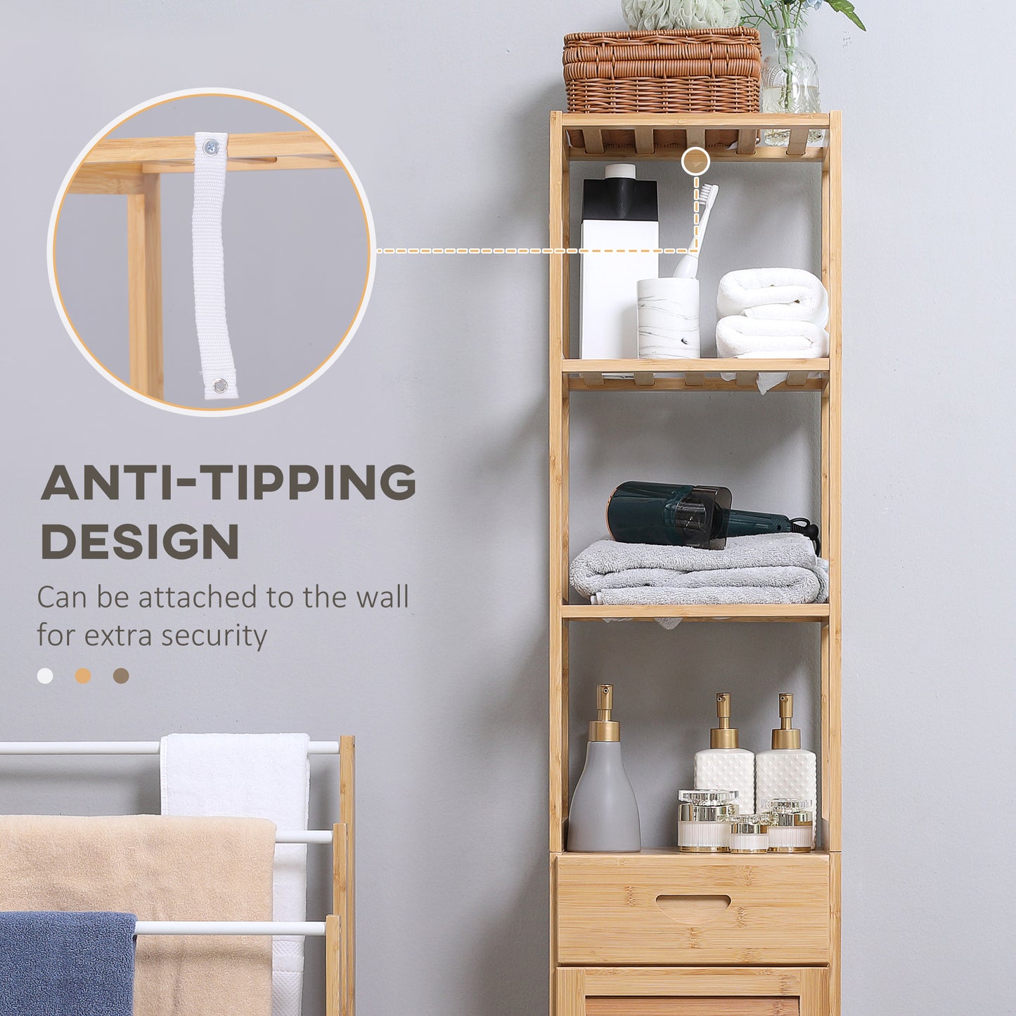 Bamboo Dorm Storage Cabinet with Drawer & Slatted Shelves | Tall Narrow Organizer for Small Spaces