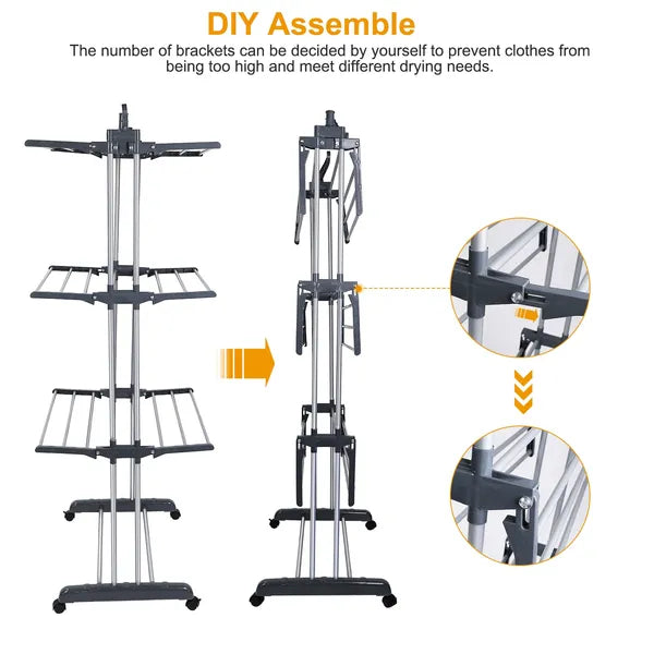 3-Tier Rolling Clothes Drying Rack with Wheels and Side Wings