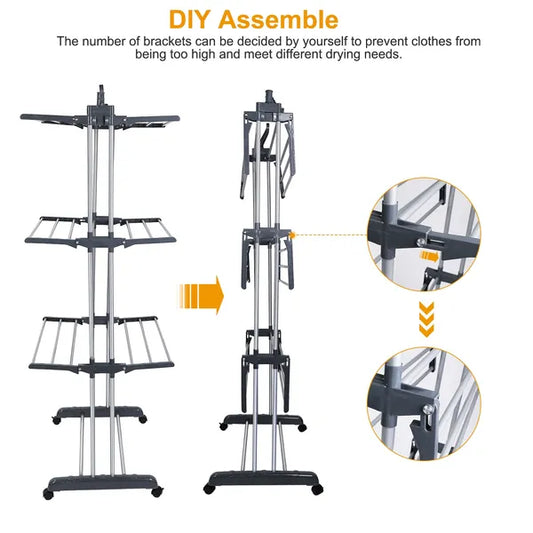 3-Tier Rolling Clothes Drying Rack with Wheels and Side Wings