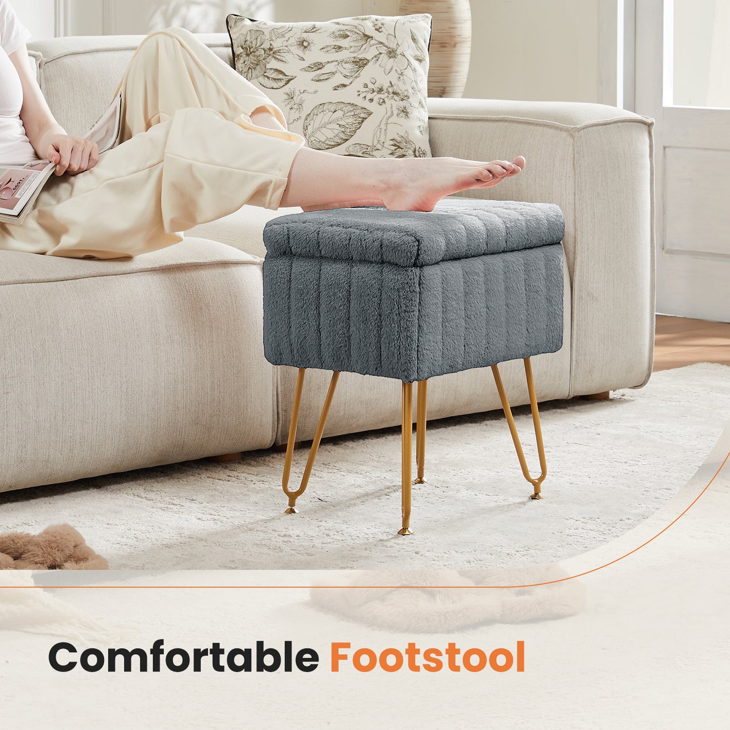 Faux Fur Dorm Storage Stool with Hidden Compartment | Vanity Seat Ottoman with Gold Legs