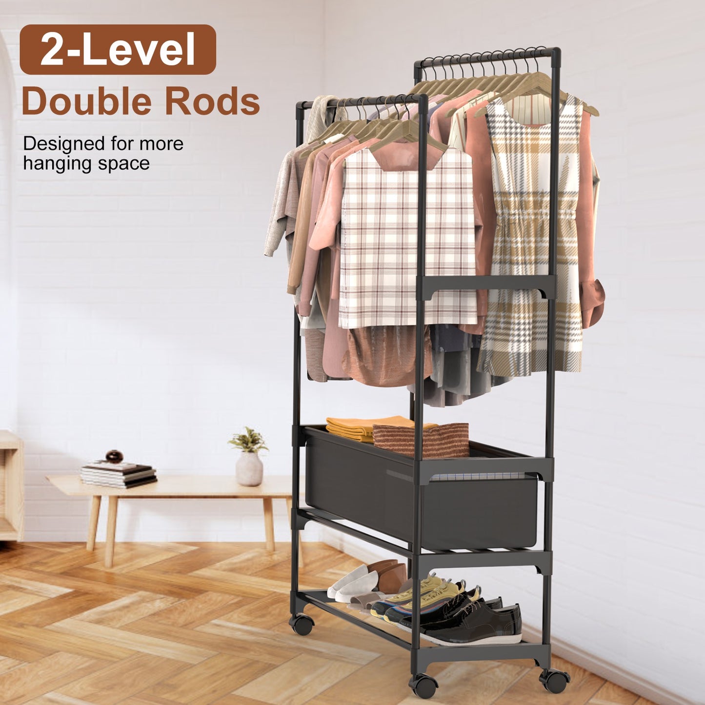 Double Rod Garment Rack with Shelves, Storage Bag & Lockable Wheels | Adjustable Portable Closet