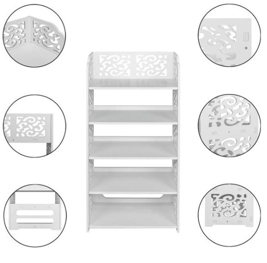 5-Tier White Carved Shoe Rack | Space-Saving Freestanding Shoe Storage Organizer