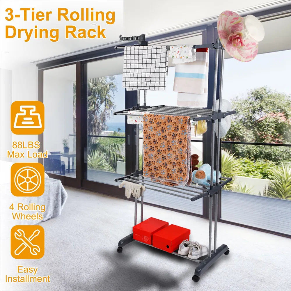3-Tier Rolling Clothes Drying Rack with Wheels and Side Wings