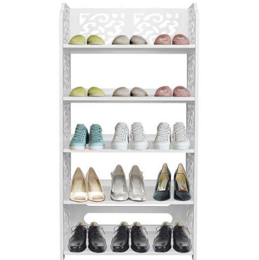 5-Tier White Carved Shoe Rack | Space-Saving Freestanding Shoe Storage Organizer