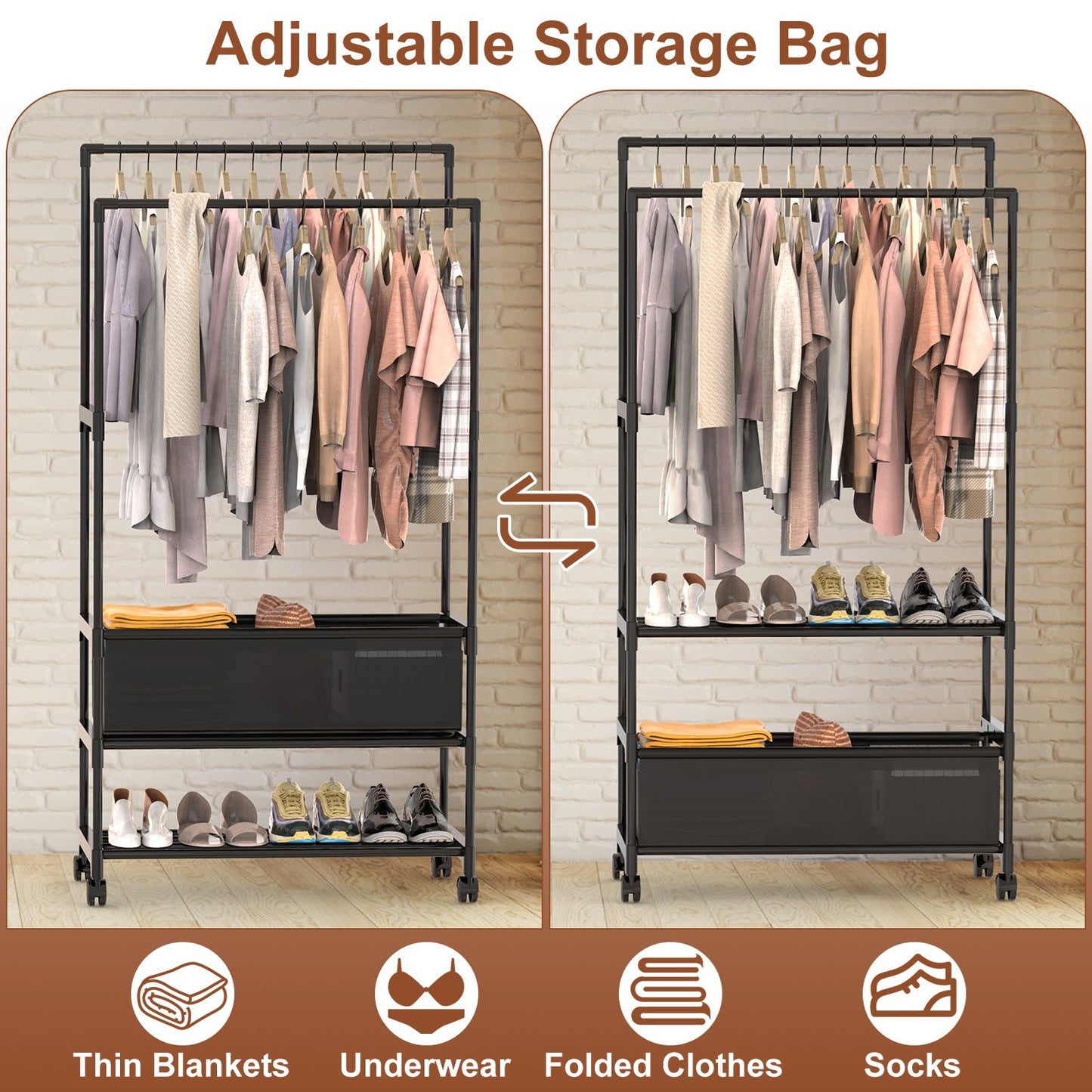 Double Rod Garment Rack with Shelves, Storage Bag & Lockable Wheels | Adjustable Portable Closet
