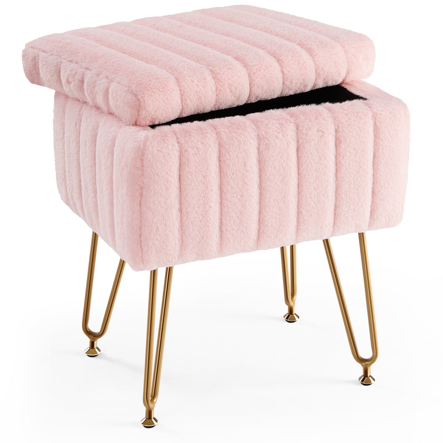 Faux Fur Dorm Storage Stool with Hidden Compartment | Vanity Seat Ottoman with Gold Legs