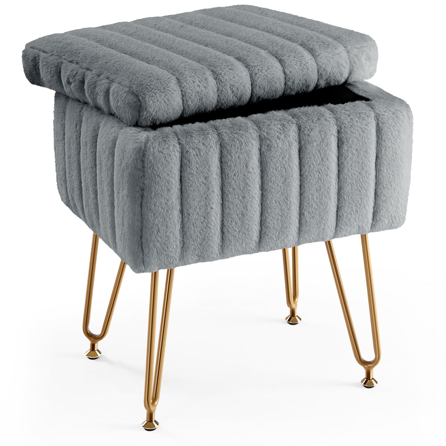 Faux Fur Dorm Storage Stool with Hidden Compartment | Vanity Seat Ottoman with Gold Legs