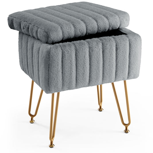 Faux Fur Dorm Storage Stool with Hidden Compartment | Vanity Seat Ottoman with Gold Legs
