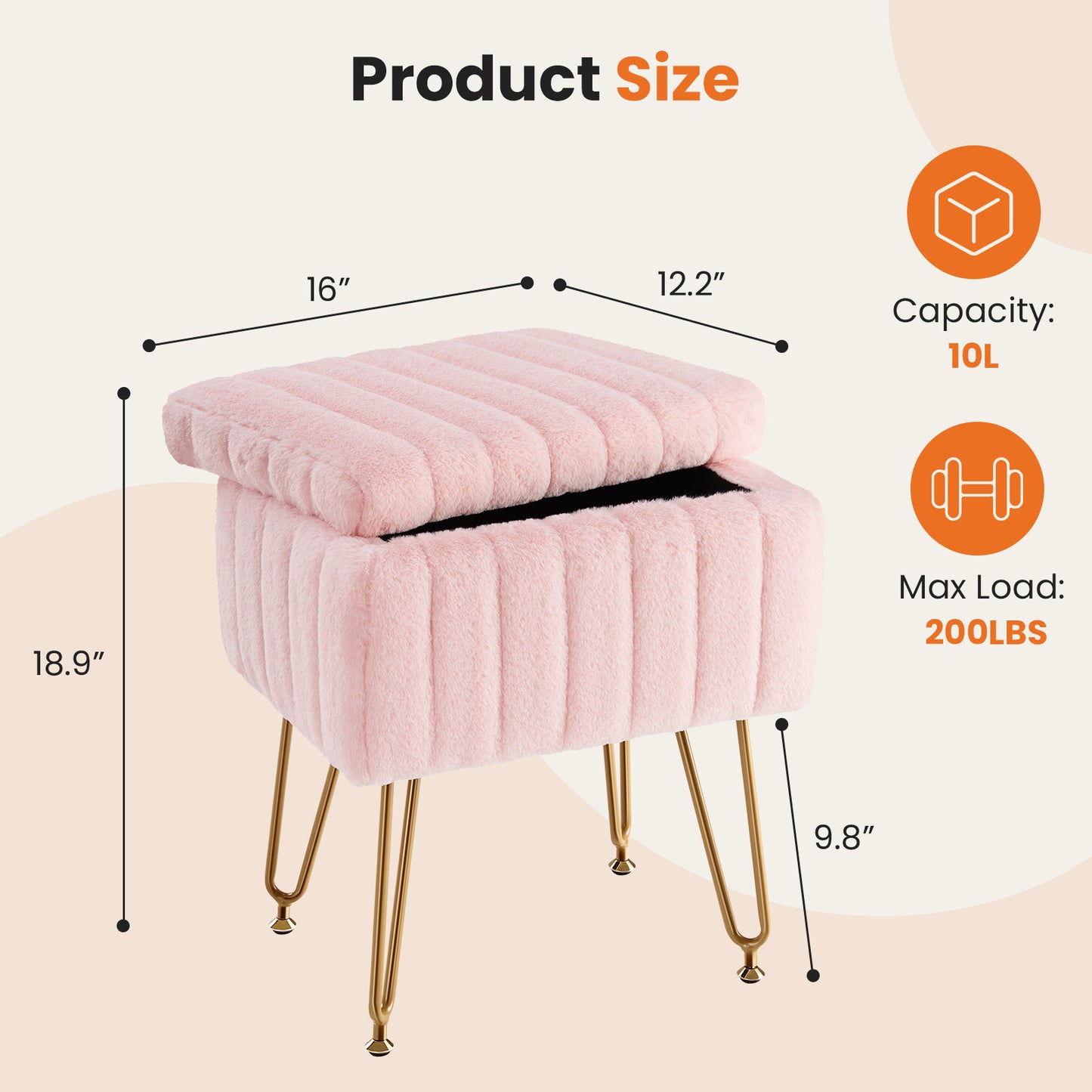 Faux Fur Dorm Storage Stool with Hidden Compartment | Vanity Seat Ottoman with Gold Legs