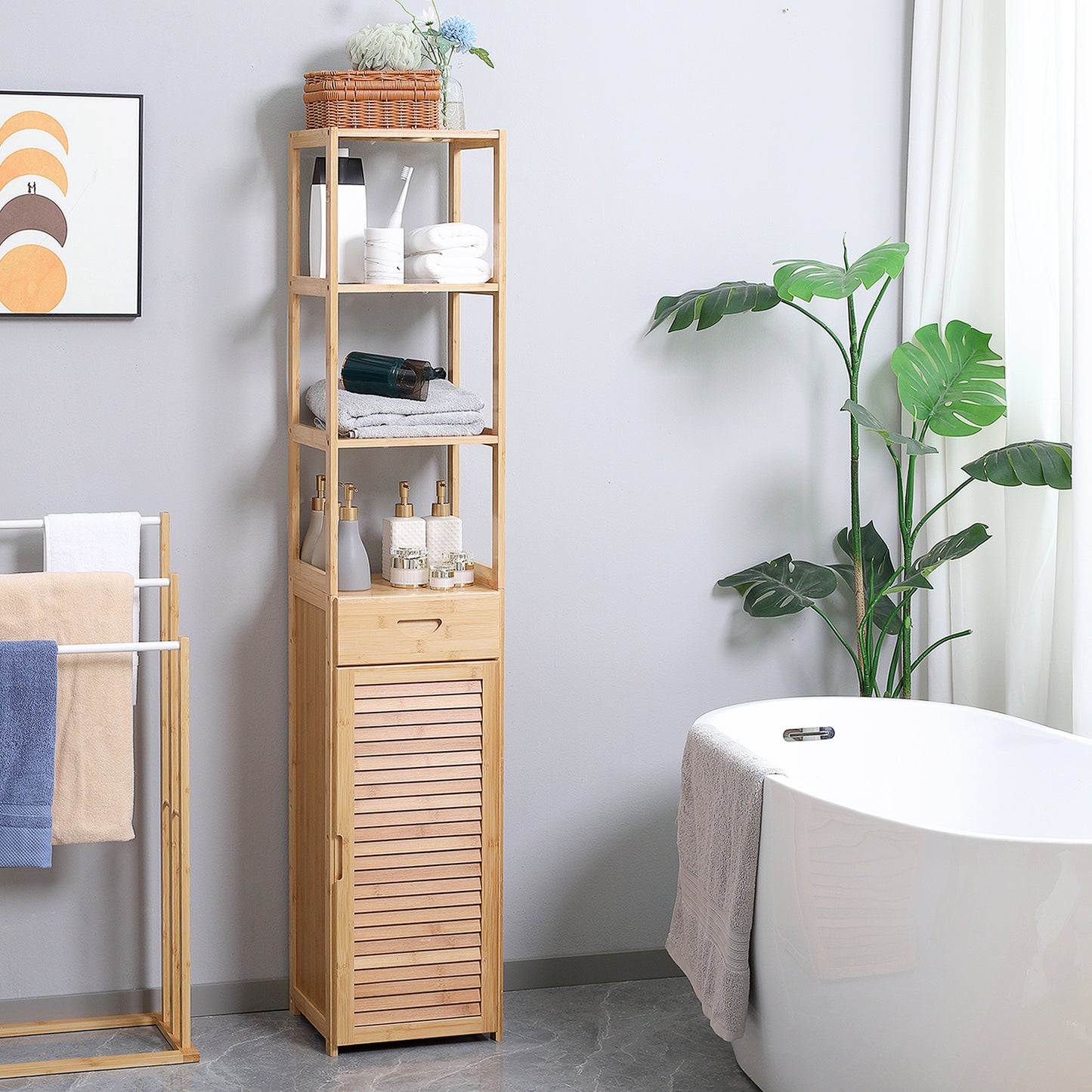Bamboo Dorm Storage Cabinet with Drawer & Slatted Shelves | Tall Narrow Organizer for Small Spaces
