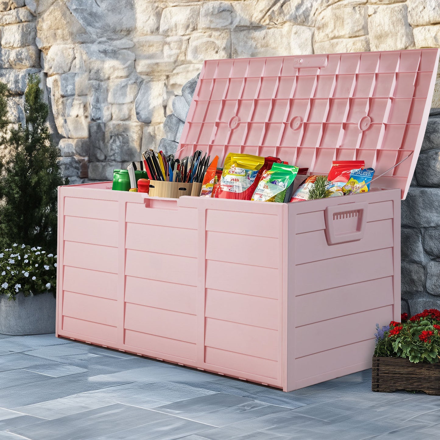 Pink Outdoor Storage Box with Wheels | 75-Gallon Weather-Resistant Deck Box