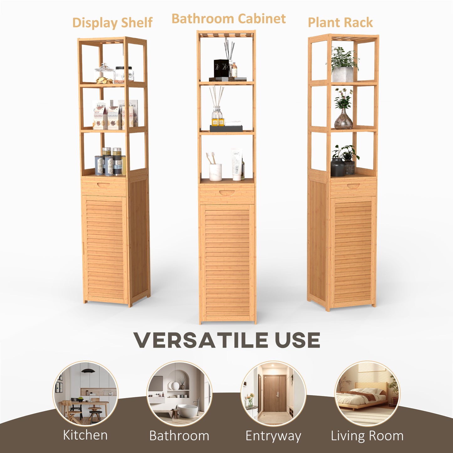 Bamboo Dorm Storage Cabinet with Drawer & Slatted Shelves | Tall Narrow Organizer for Small Spaces