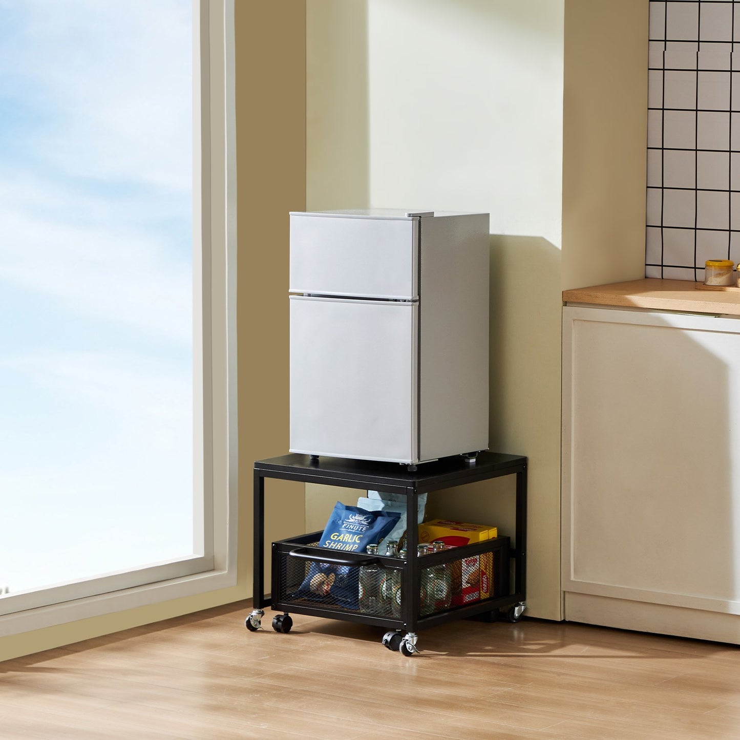 Mini Fridge Stand with Pull-Out Storage Cart & Locking Wheels | Black Organizer Shelf for Dorms, Offices & Small Spaces