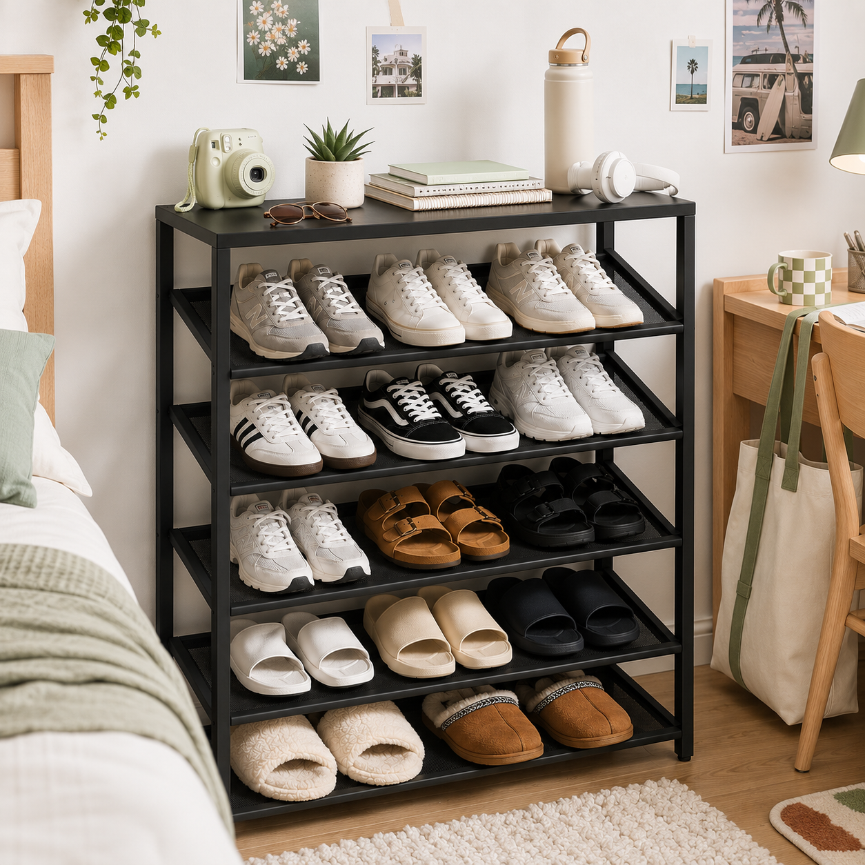 5-Level Adjustable Tilted Shoe Rack with Wood Top