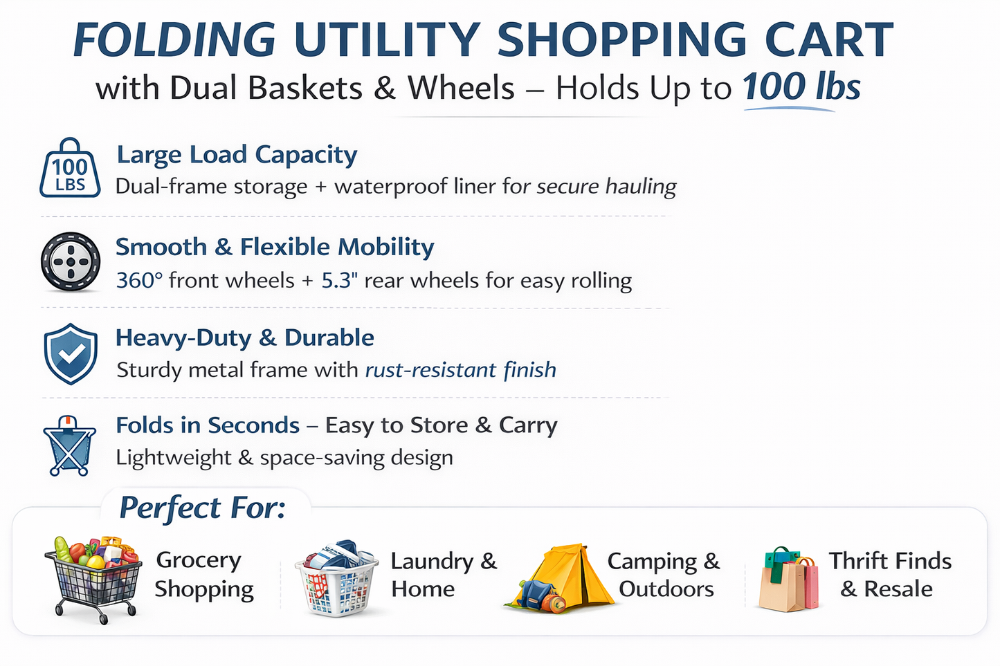Rolling Folding Shopping Cart – Heavy Duty Grocery & Clothing Utility Cart