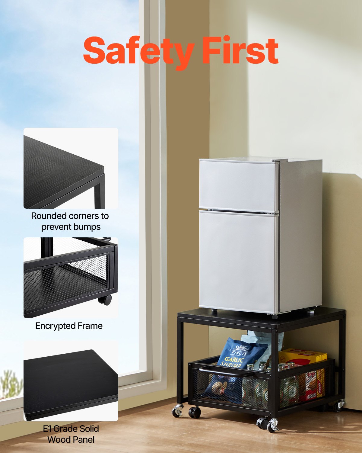 Mini Fridge Stand with Pull-Out Storage Cart & Locking Wheels | Black Organizer Shelf for Dorms, Offices & Small Spaces