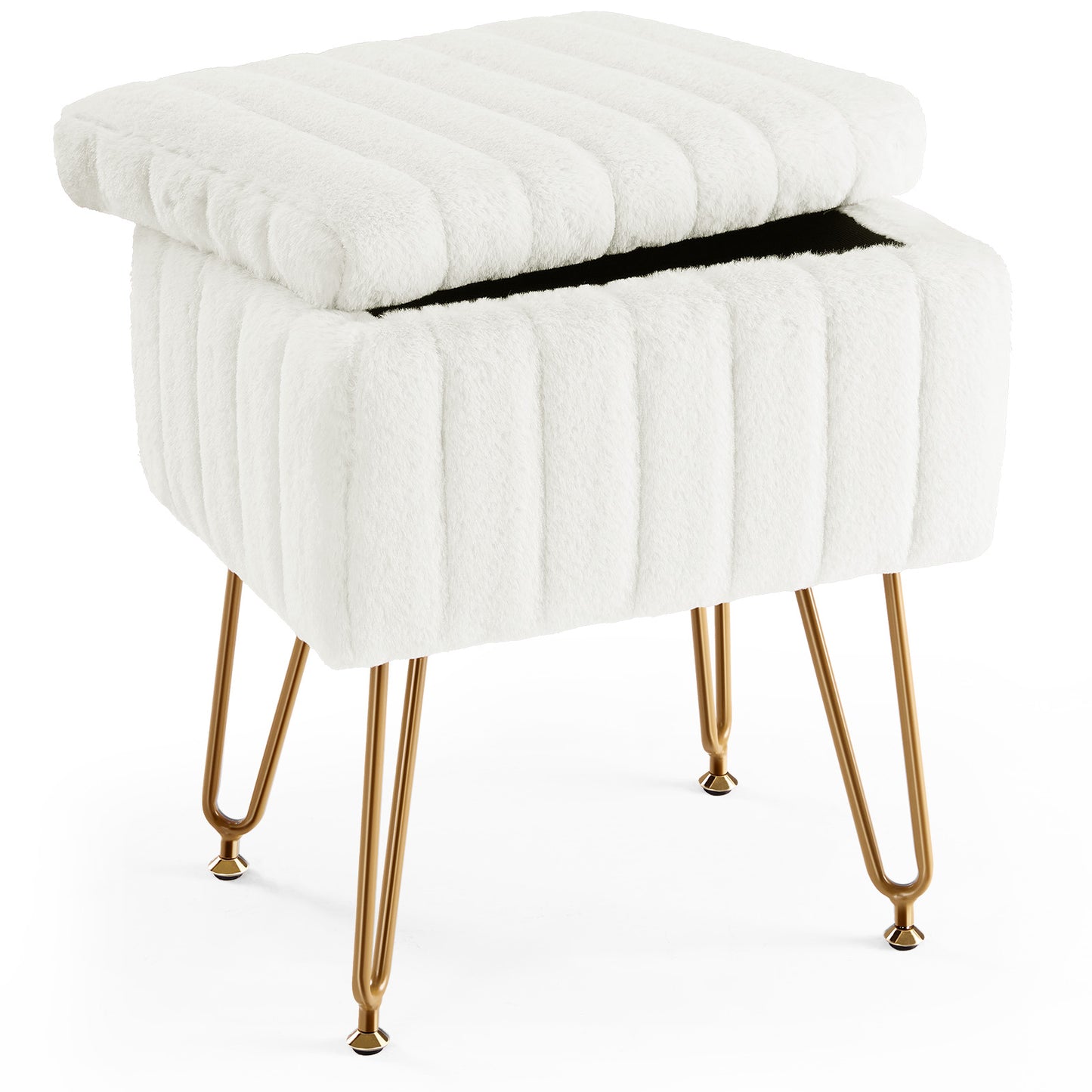 Faux Fur Dorm Storage Stool with Hidden Compartment | Vanity Seat Ottoman with Gold Legs