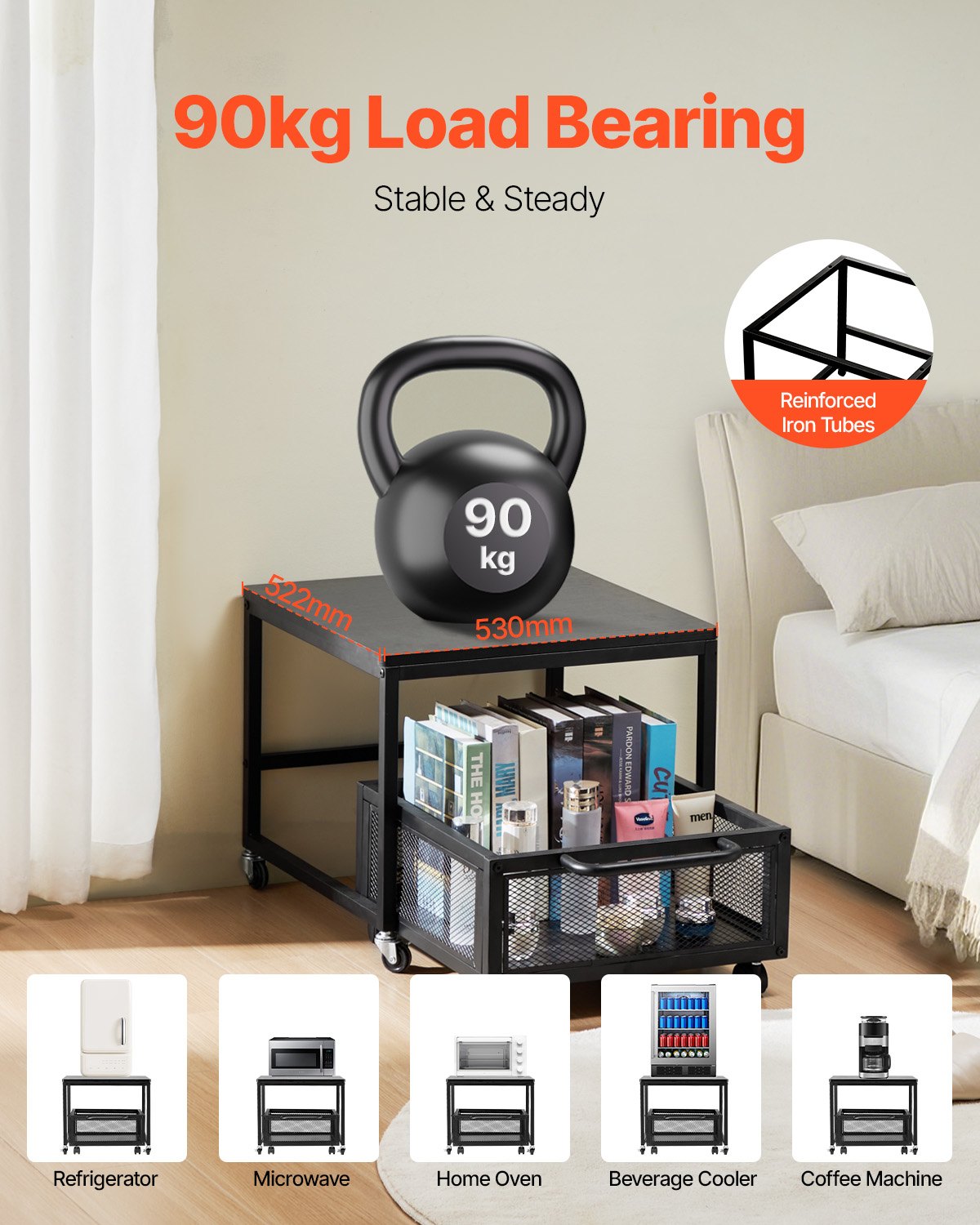 Mini Fridge Stand with Pull-Out Storage Cart & Locking Wheels | Black Organizer Shelf for Dorms, Offices & Small Spaces