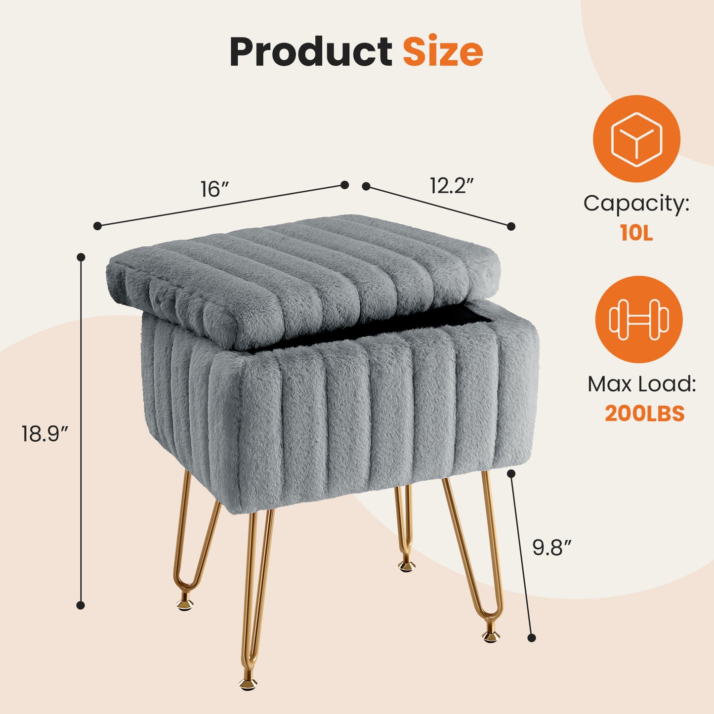 Faux Fur Dorm Storage Stool with Hidden Compartment | Vanity Seat Ottoman with Gold Legs