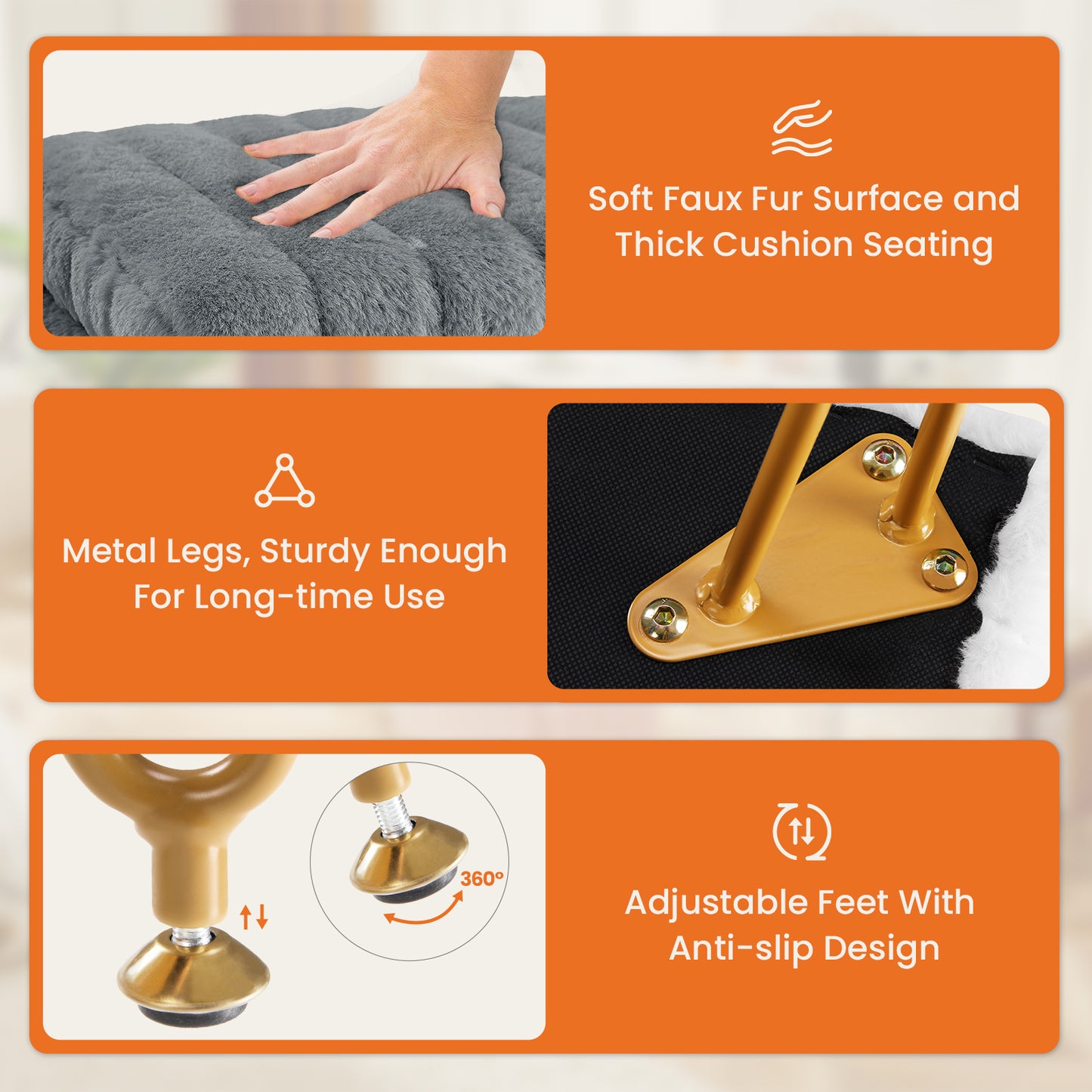 Faux Fur Dorm Storage Stool with Hidden Compartment | Vanity Seat Ottoman with Gold Legs