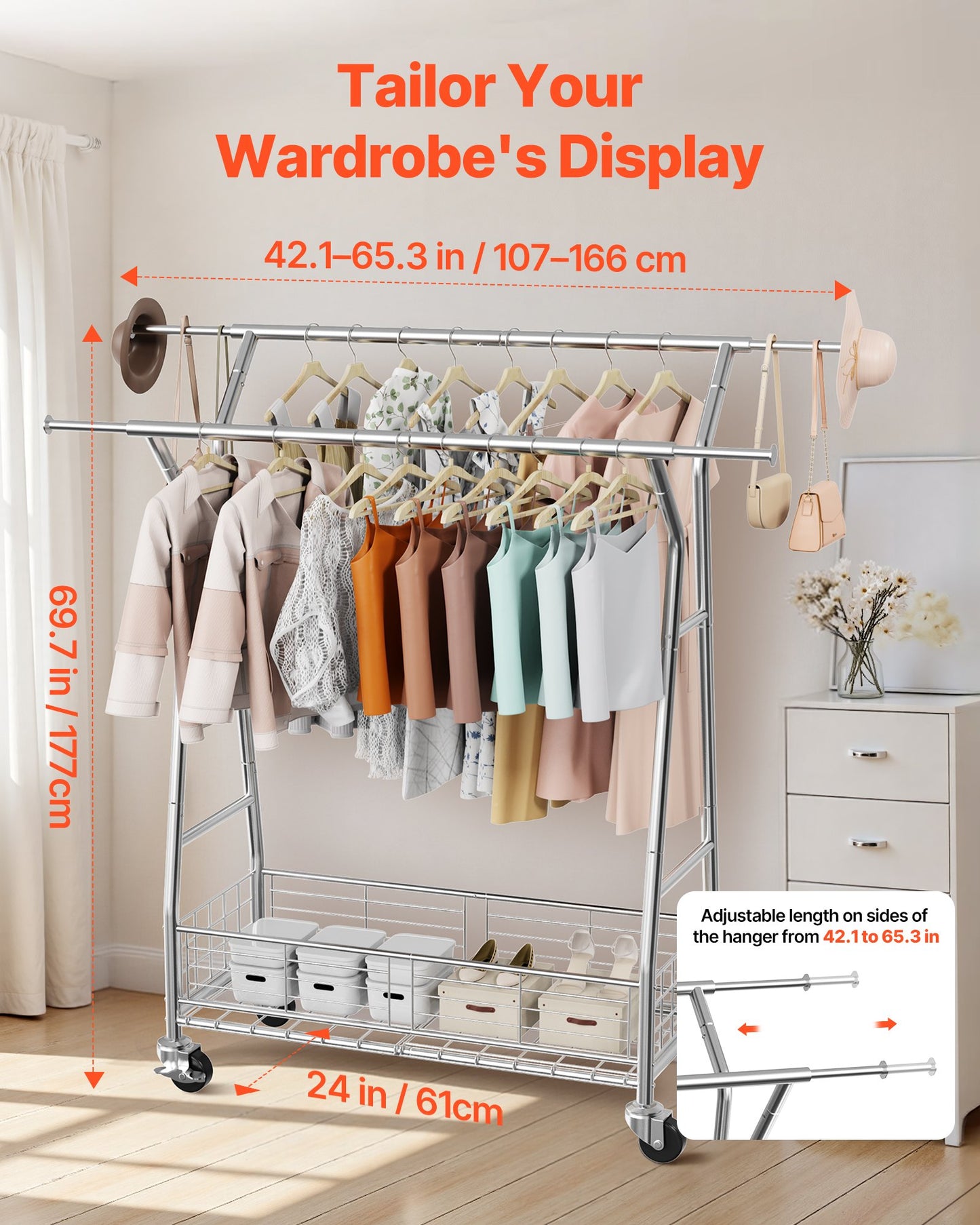 Heavy-Duty Rolling Clothes Rack with Double Hanging Rods & Storage Basket