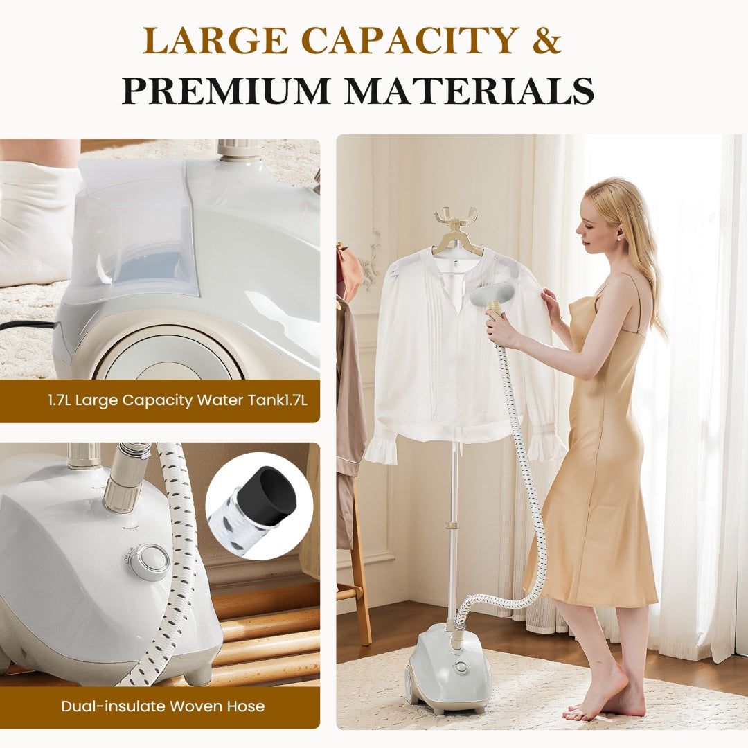1500W Standing Garment Steamer with Wheels | 1.7L Tank & 55-Min Continuous Steam