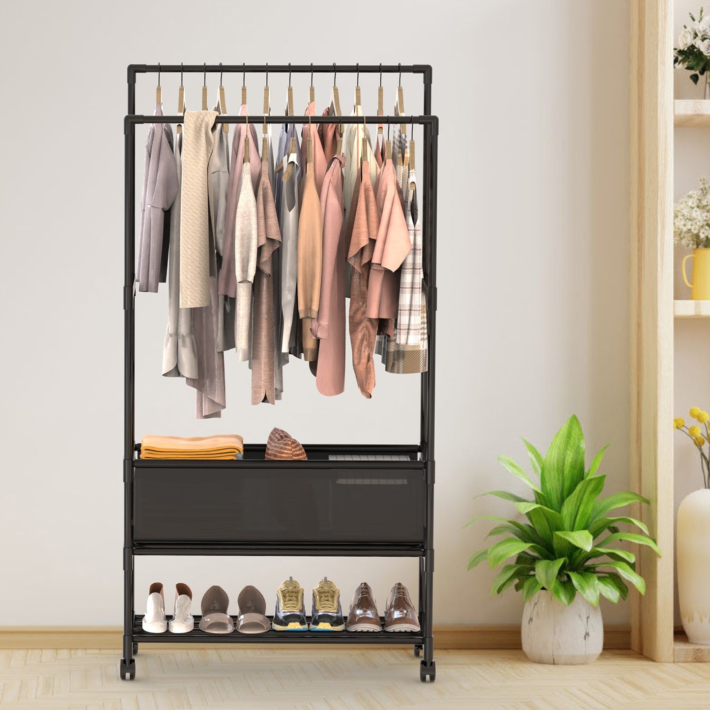 Double Rod Garment Rack with Shelves, Storage Bag & Lockable Wheels | Adjustable Portable Closet