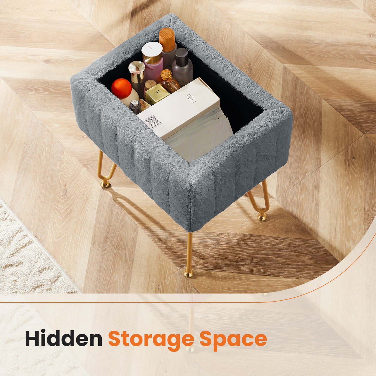 Faux Fur Dorm Storage Stool with Hidden Compartment | Vanity Seat Ottoman with Gold Legs