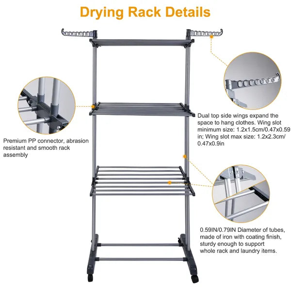 3-Tier Rolling Clothes Drying Rack with Wheels and Side Wings