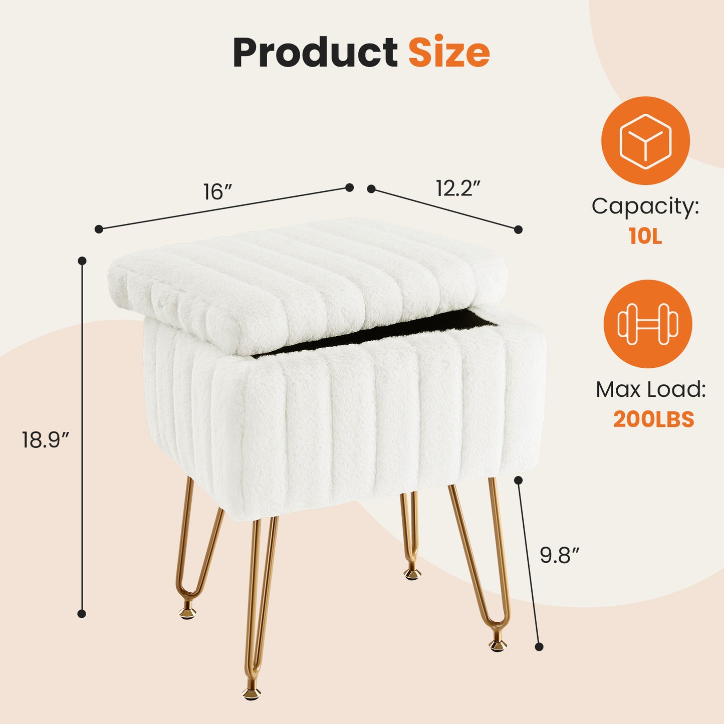 Faux Fur Dorm Storage Stool with Hidden Compartment | Vanity Seat Ottoman with Gold Legs
