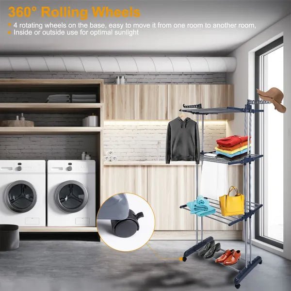 3-Tier Rolling Clothes Drying Rack with Wheels and Side Wings