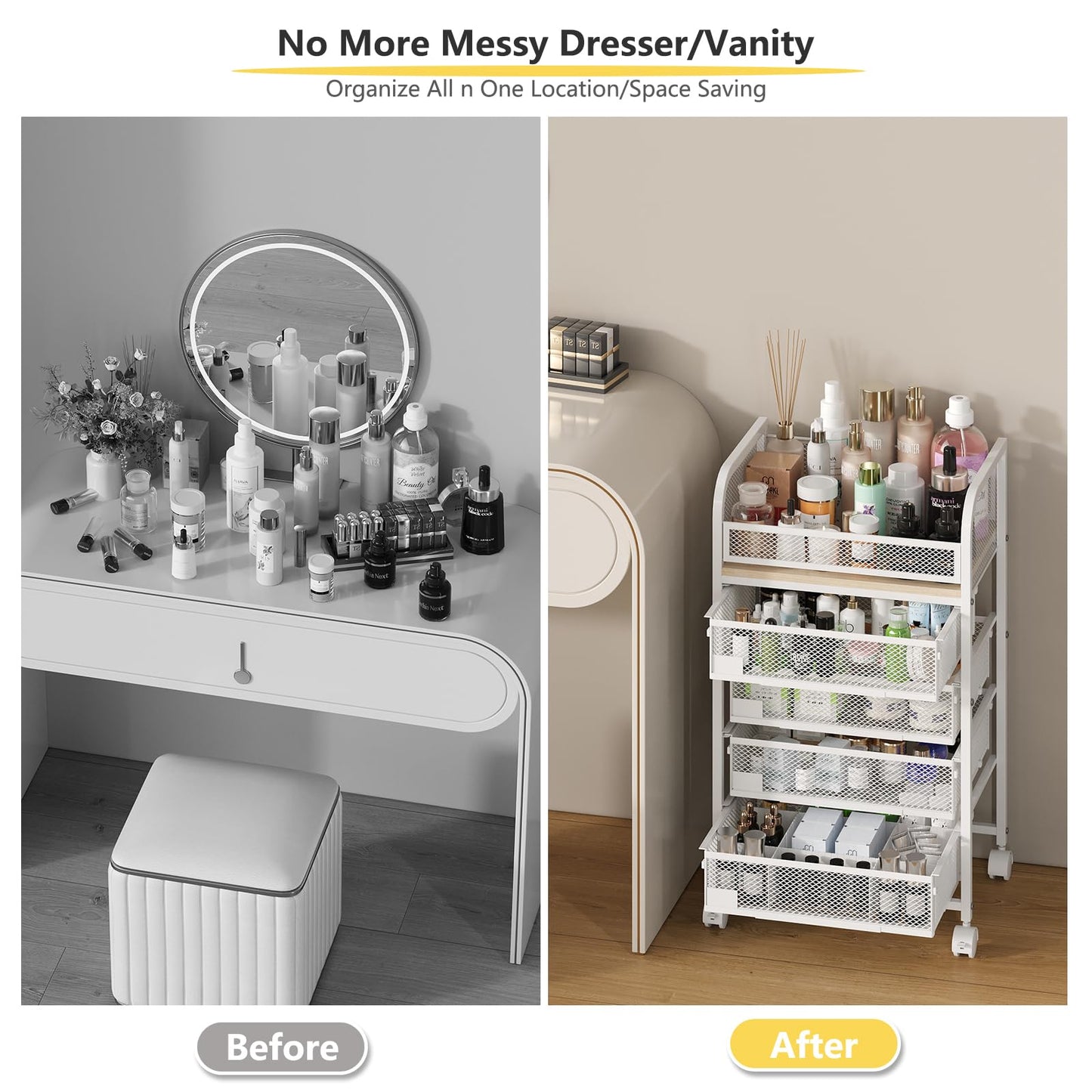White 4-Drawer Makeup Organizer Cart with Wheels for Skincare, Perfume & Cosmetics