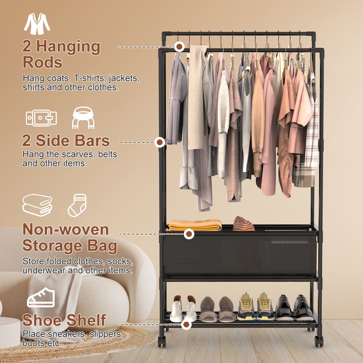 Double Rod Garment Rack with Shelves, Storage Bag & Lockable Wheels | Adjustable Portable Closet