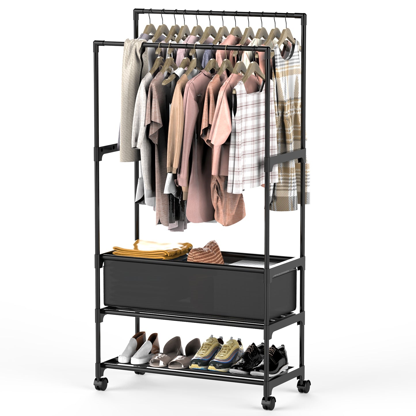 Double Rod Garment Rack with Shelves, Storage Bag & Lockable Wheels | Adjustable Portable Closet