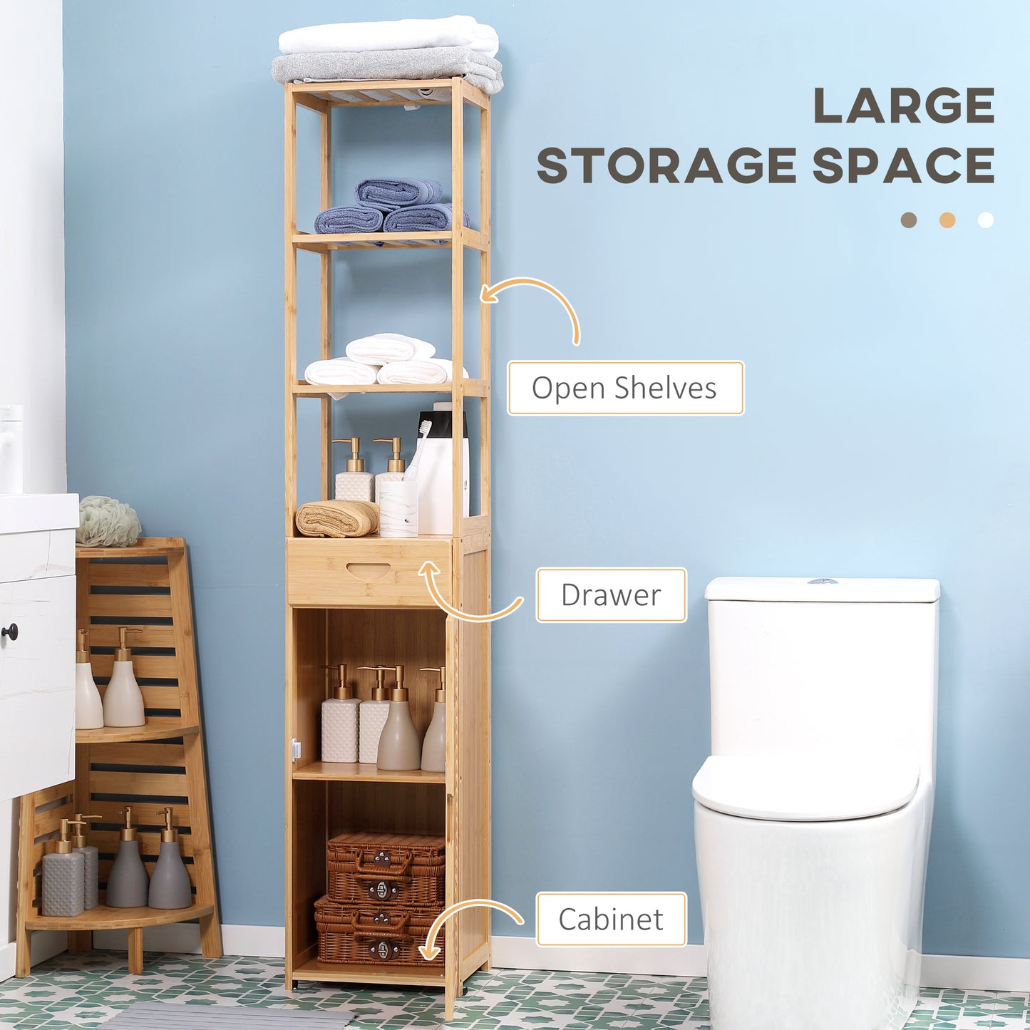 Bamboo Dorm Storage Cabinet with Drawer & Slatted Shelves | Tall Narrow Organizer for Small Spaces
