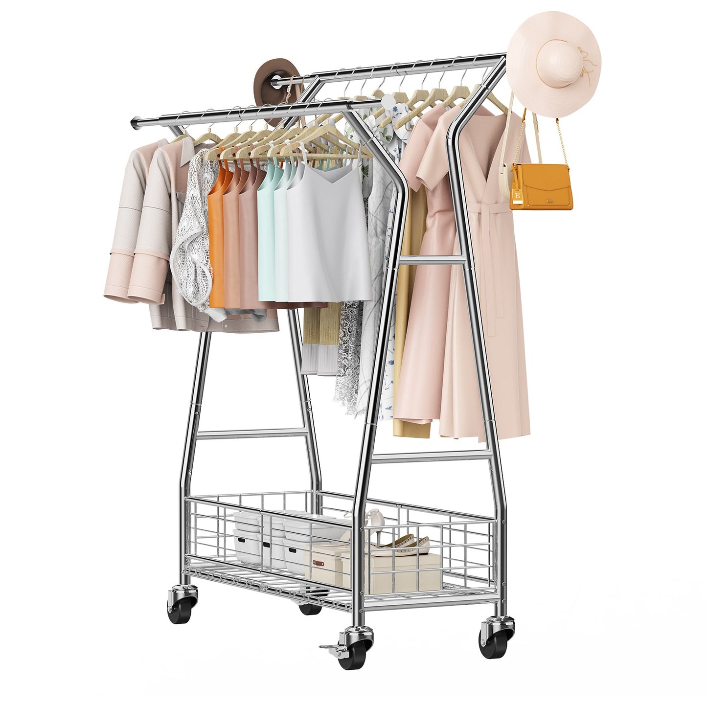 Heavy-Duty Rolling Clothes Rack with Double Hanging Rods & Storage Basket